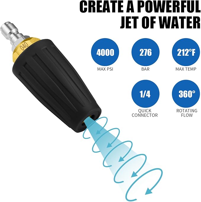 Turbo Nozzle Pressure Washer 4000 PSI Max Rotating Turbo Nozzle | Power washer nozzle with 1/4 inch quick connect for cleaning brick, concrete, vinyl surfaces, driveways, patios and sidewalks
