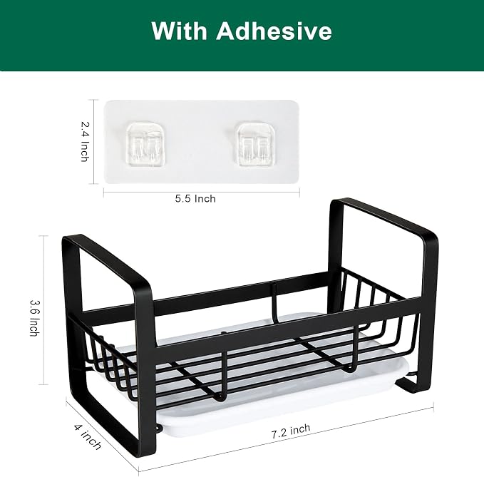 TEZZ Sponge Holder for Kitchen Sink- Stainless Steel Kitchen Sink Caddy for Organizing Sponge, Brush & Soap Dish Dispenser, coutertop Organizer Rack with Adhesive or Counter top, Black