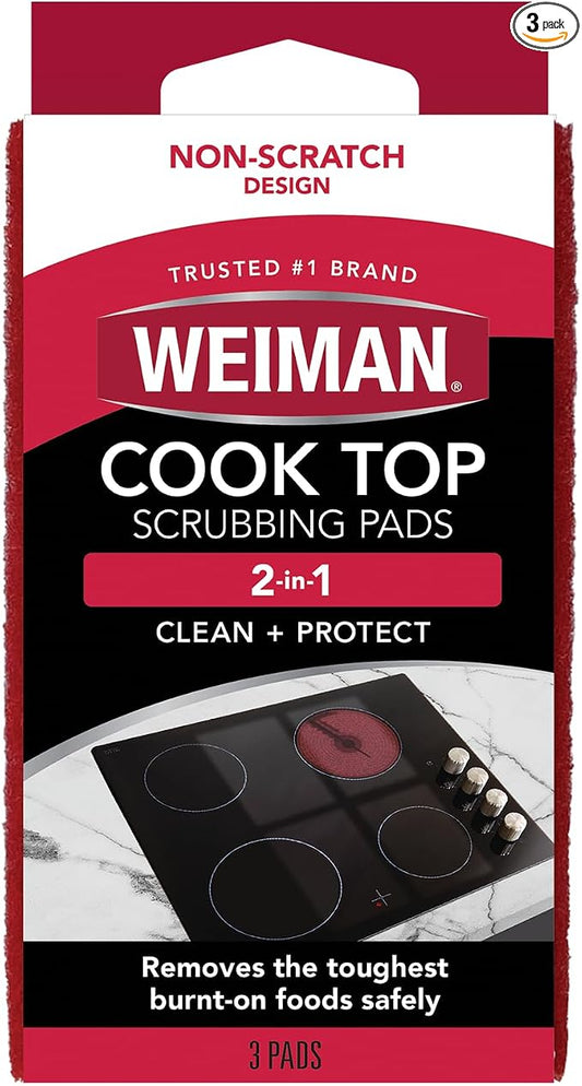 Weiman Cooktop Scrubbing Pads, 3 Count Scratch-Free Cleaning Pads for Cermaic, Glass Cooktop Surfaces, Removes Tough Burned-On Food & Residue