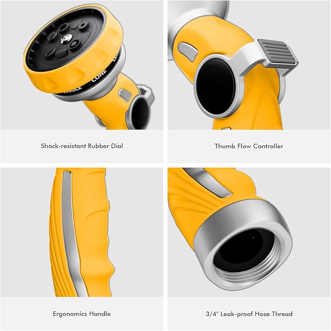 RESTMO Hose Nozzle Heavy Duty, Metal Water Hose Sprayer for Garden | 9 Spray Patterns, Leak Proof, Thumb Flow Control, On/Off Valve, Ideal for Outdoor Lawn & Plant, Car & Pet, Yellow