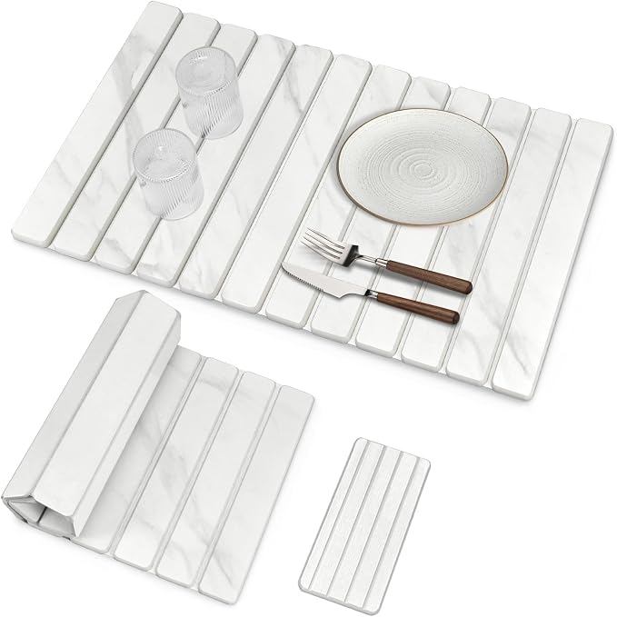 Extra Large Stone Dish Drying Mat for Kitchen Counter, 28"×16" Marble-Pattern Mat with 8"x 4" Coasters, Non - Slip Collapsible Absorbent Mat for Multi - Purpose, Match Any Countertop【White】