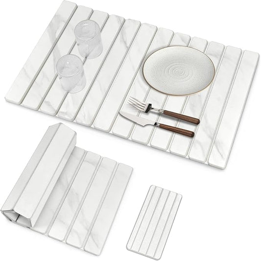 Extra Large Stone Dish Drying Mat for Kitchen Counter, 28"×16" Marble-Pattern Mat with 8"x 4" Coasters, Non - Slip Collapsible Absorbent Mat for Multi - Purpose, Match Any Countertop【White】