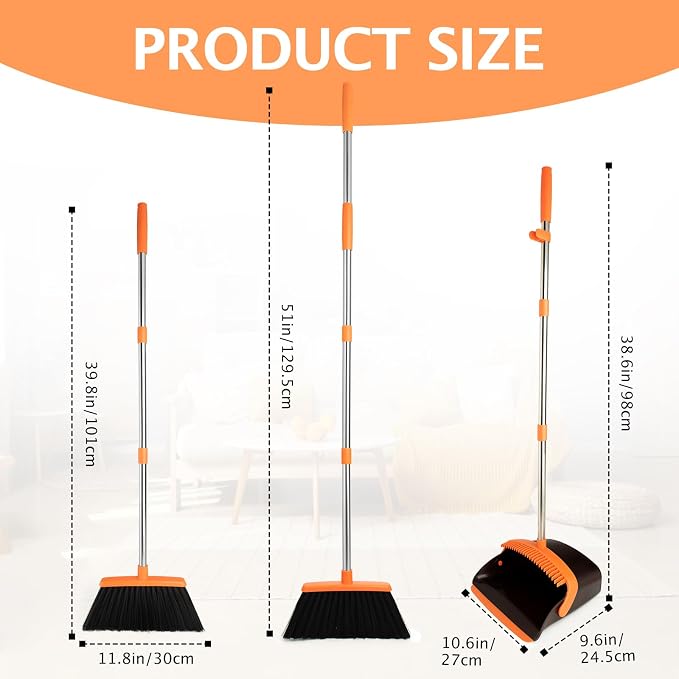 2-Pack Broom and Dustpan Combo Set, Long Handle, Brown Orange | Standing Dustpan, Heavy Dust,House Accessories for Home, Kitchen, Office, Pet Hair