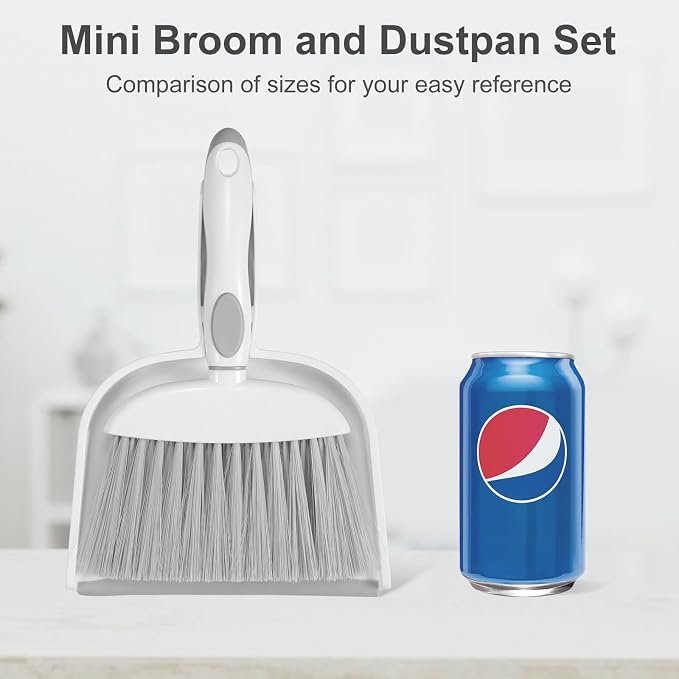 NACENA Small Dust Pan and Brush Set, Mini Broom and Dustpan Set, White&Gray | Small Hand Broom and Brush Combo Dust Pan with Teeth for Home Cleaning Drawers Desktop Sofas and Outdoor