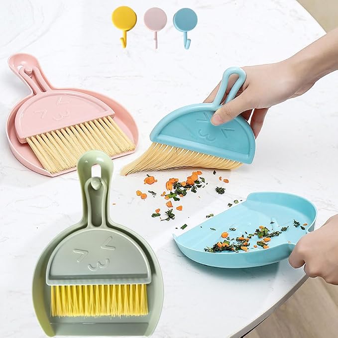 3 Pcs Mini Broom and Dustpan Set,Small Hand Broom and Dustpan Cleaning Cloths Set for Home Car Kitchen Table Kids Dustpan Brush Set for Sweeping Up Kitty Litter Pet Hair, with Hanging Hook