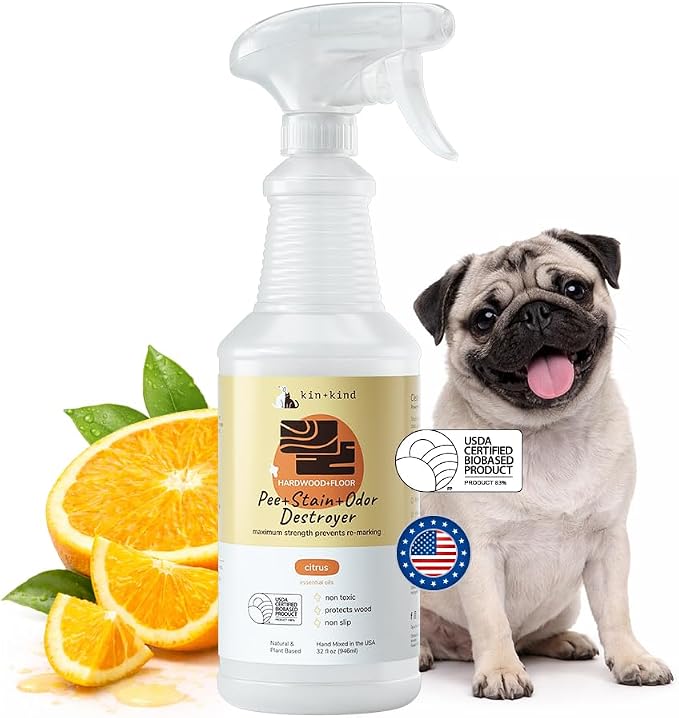 kin+kind Pet Urine Cleaner for Dogs & Cats, Hardwood Floor Cleaner, Stain & Odor Remover, Helps Stop Re-Marking, Citrus, 32 fl oz