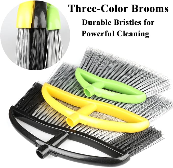 3 Pack Wide Heavy Duty Angle Broom - Stiff Bristle Outdoor Brooms for Sweeping Patio, Garden, Garage, Yard (Black, Yellow, Green)