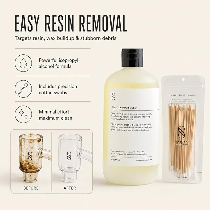Session Goods Glass Cleaning Solution 16Oz Scented Pack of 2 | Water Pipe Cleaner with Cotton Swabs, Pipe Cleaner Cleans Glass, Silicone, Metal, & Resin Cleaner, Wax, Oil & Stinky Debris