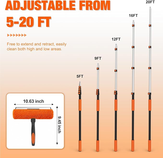 LAANPOLE 26FT Window Squeegee with Extension Pole, 2-in-1 Squeegee for Window Cleaning, Professional Cleaning Kit for Home with 20FT Telescoping Pole for Outdoor Indoor Use
