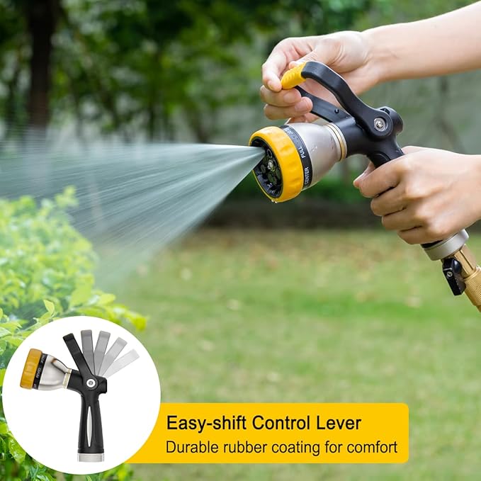 FANHAO Fireman Style Garden Hose Nozzle Heavy Duty Metal, 8 Spray Patterns | Large Lever Control, Non-Slip Ergonomic Grip, Rustproof Leakproof, High Pressure Water Hose Sprayer for Garden, Car & Pet