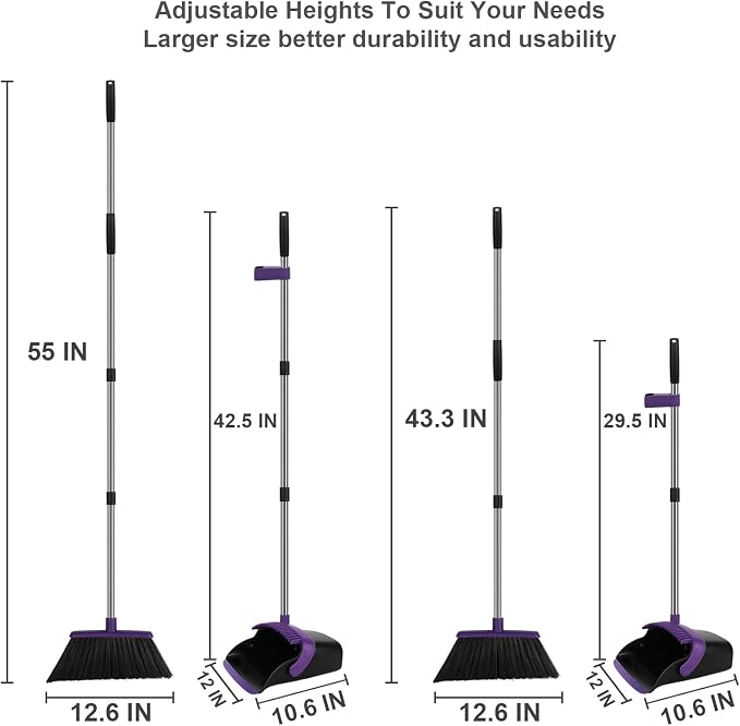 Purple Broom and Dustpan Combo Set, 55" Long Handle Broom | Large Area Outdoor Cleaning, Extended Reach Design, Built-in Comb Dustpan, Foldable Storage for Garage, Patio & Home