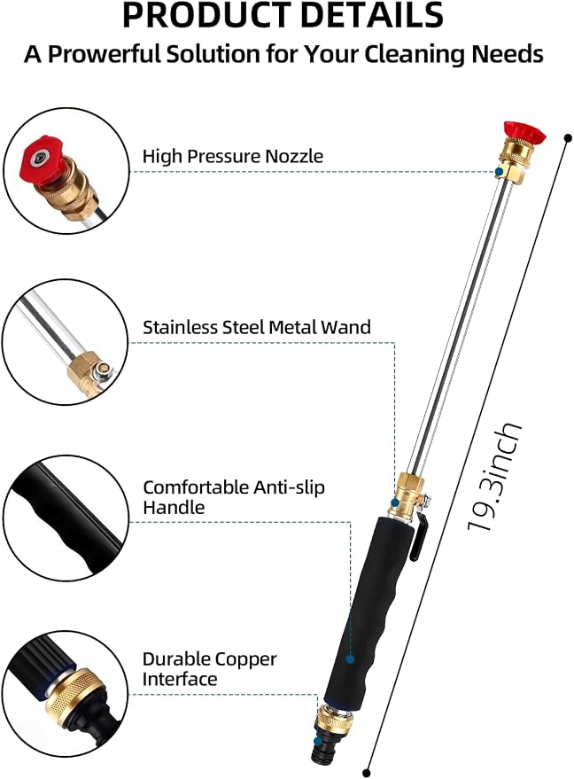 Jet Nozzle Wand–3 Tips,Quick Connectors,Black | Rust-proof aluminum,Non-slip grip,3 spray patterns,Fits standard hoses,Quick connect for Car/Patio/Garden/Gutter cleaning