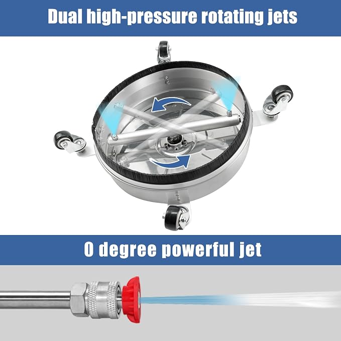 JANZ 14'' Pressure Washer Surface Cleaner | 4 Wheels, Stainless Steel Housing, 1/4'' Quick Plug, 2 Extension Wands, 2 Replacement Nozzles and 3 Spray Nozzles,4000 PSI