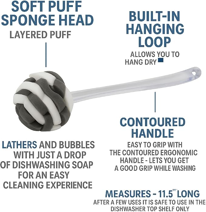 Glass Sponge Dish Brush with Handle – 11.5" Puff Head Kitchen Cleaning Brush for Glasses, Bottles, Dishes & Vases – Soft Layered Sponge with Ergonomic Clear Handle