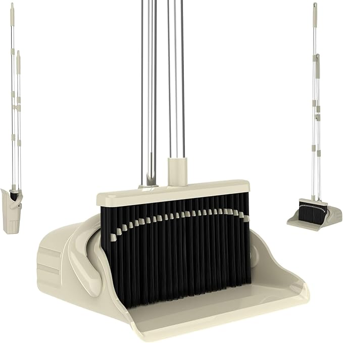 Broom and Dustpan Set, 52-Inch Handle, Comb Teeth, Gray Yellow | Long handle broom set for home, kitchen, apartment andstorage