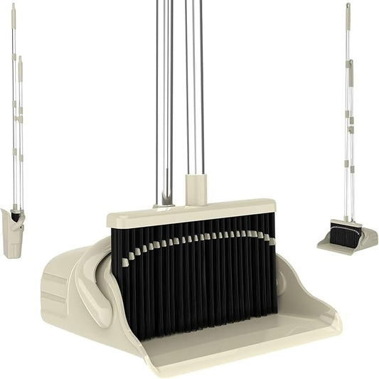 Broom and Dustpan Set, 52-Inch Handle, Comb Teeth, Gray Yellow | Long handle broom set for home, kitchen, apartment andstorage