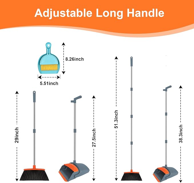 Broom and Dustpan Combo Set, 51" Long Handle Broom with Mini Set | Mini Set for Tables, Kitchens & Tight Spaces, Built-in Comb Dustpan, Foldable Space-Saving Storage, Multi-Surface Use