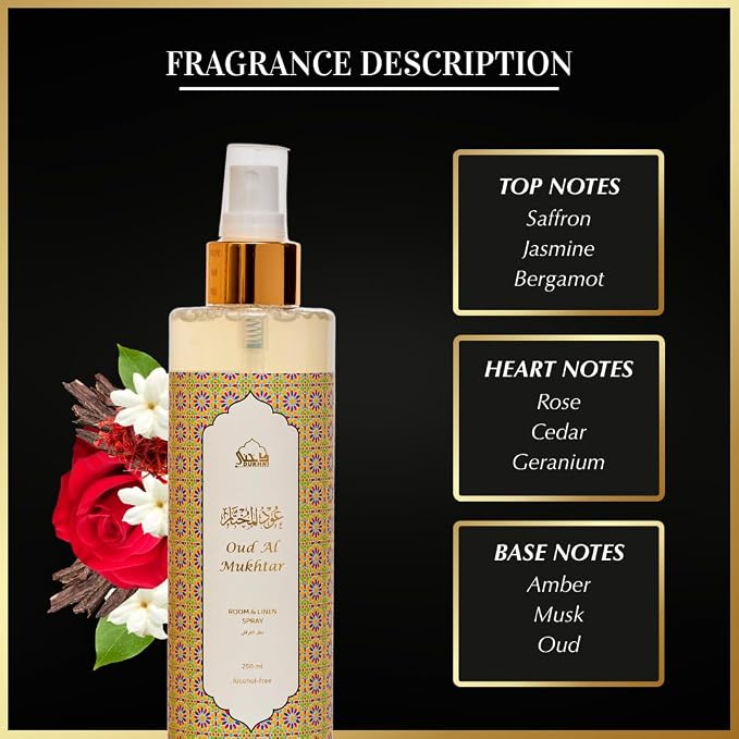 Oud Al Mukhtar Jasmine Spray by Dukhni | 250ml Arabic Air Freshener | Jasmine Air Freshener for Home, Prayer Mats, Bed, Linen, Sofa, Curtain, Living Room, Car | Room Freshener, Odour Eliminator