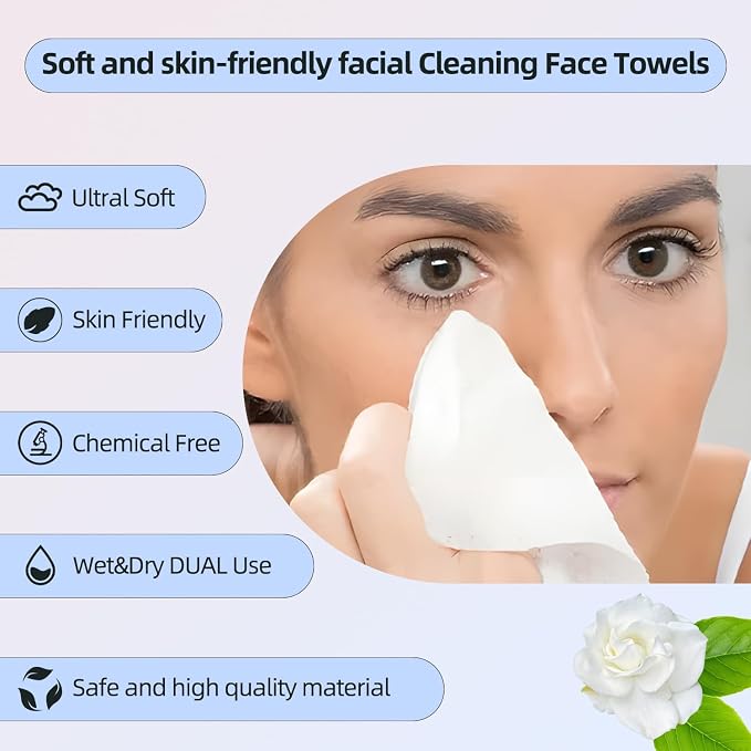 Disposable Face Towels,Viscose Biodegradable Large Dry Wipes,Super Soft & Thick Face Cleansing Towels,Daily Facial Tissues for Sensitive Skin, Makeup Removing,Facial Clean,Nursing,Travel (50 Count)