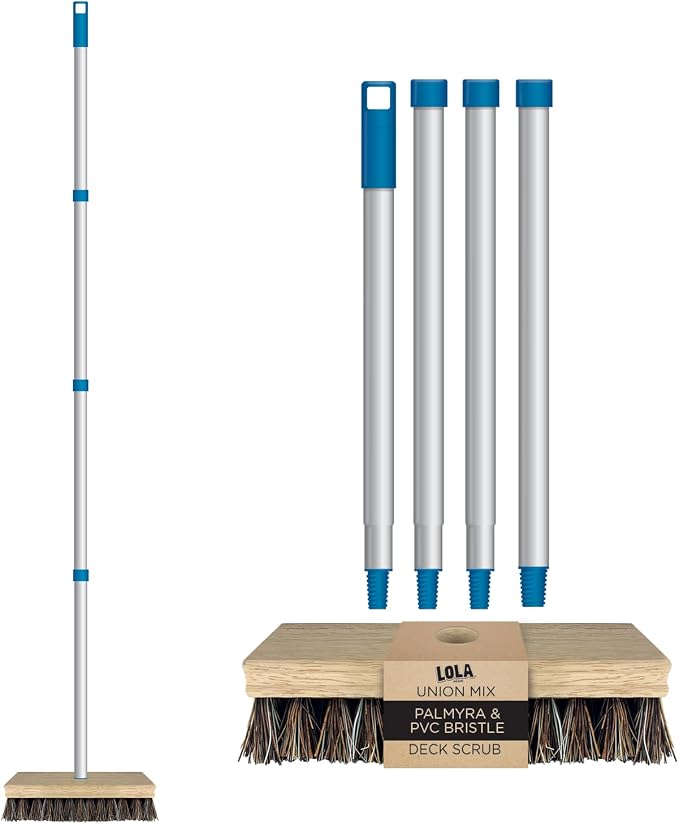 LOLA Deck Scrub Brush, 9" x 3.5" Head w/Palmyra & PVC Bristles for Outdoor Cleaning, Removes Dirt & Grime from Patios, Decks, Grout, 1 CT