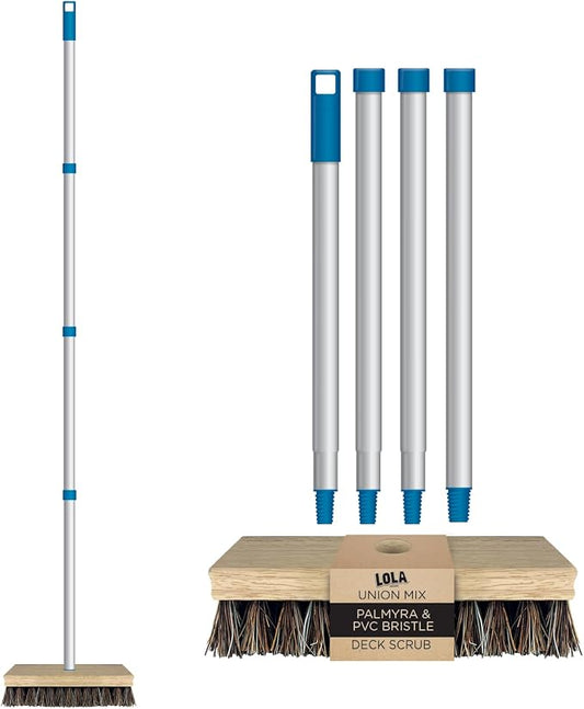 LOLA Deck Scrub Brush, 9" x 3.5" Head w/Palmyra & PVC Bristles for Outdoor Cleaning, Removes Dirt & Grime from Patios, Decks, Grout, 1 CT