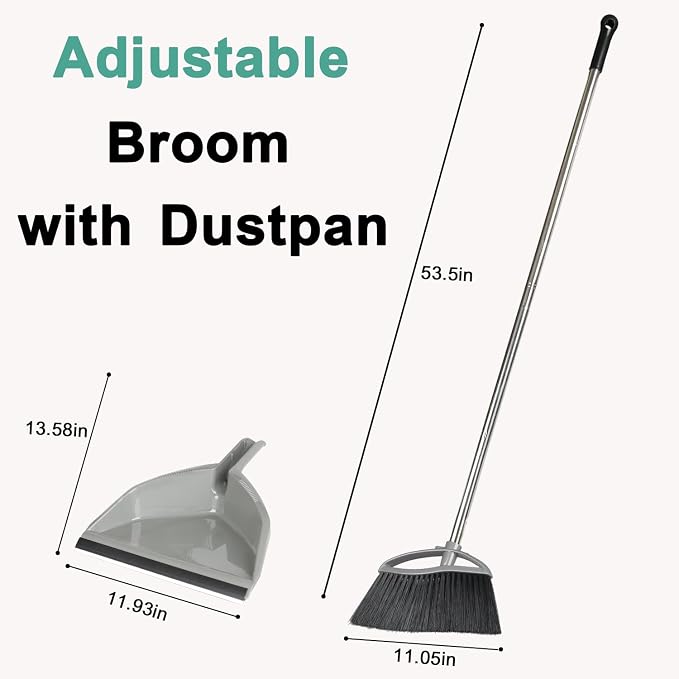 Soft Bristle Broom and Dustpan Set, Long Handle for Indoor Floor, Hardwood | Angled Broom Reach Corners and Cabinets, Rubber Lip Traps Fine Dust. Perfect for Tile, Office, Kitchen.