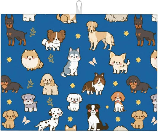 Cute Puppy Dog Dish Drying Mat 18 x 24 Inch for Kitchen Counter Cute Kitchen Mat Microfiber Kitchen Countertop Absorbent Reversible Drainer Rack Pad Dish Drying Mat