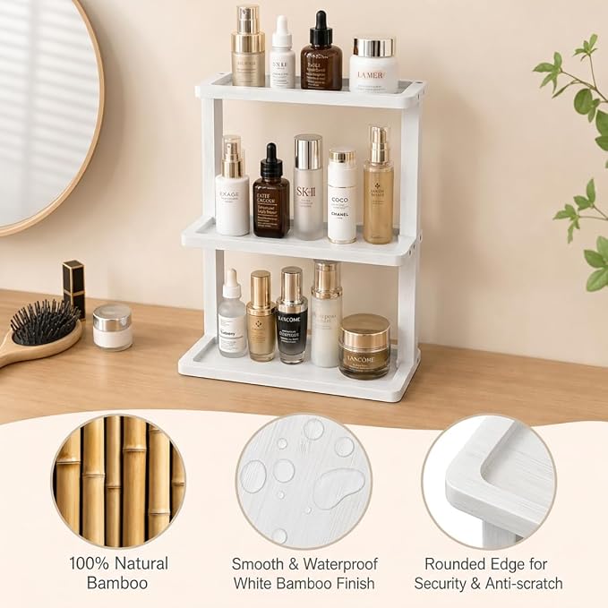 PEKER Bamboo Bathroom Organizer Countertop – Vanity Storage Shelf for Makeup, Perfume, Skincare – Natural Cosmetics Display Rack for Dresser, Sink, Kitchen – White