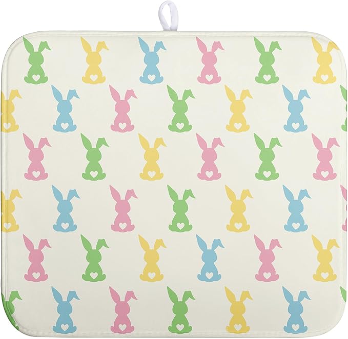 Easter Bunny Dish Drying Mat Colorful Cute Rabbits Kitchen Drying Mat Spring Microfiber Dish Dryer Pad Absorbent Reversible Dish Drainer Rack Mat Washable Dish Mat for Kitchen Countertop 16x18 Inch