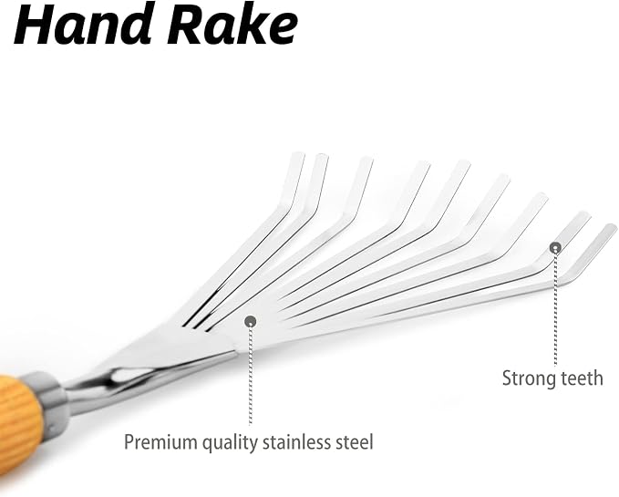 Hand Rake, Small Rake for Gardening, Mini Rakes for Flower beds | Stainless Steel Small Garden Tool with Ergonomic Handle, Leaf Rake for Cultivating, Loosening Soil & Spreading Mulch