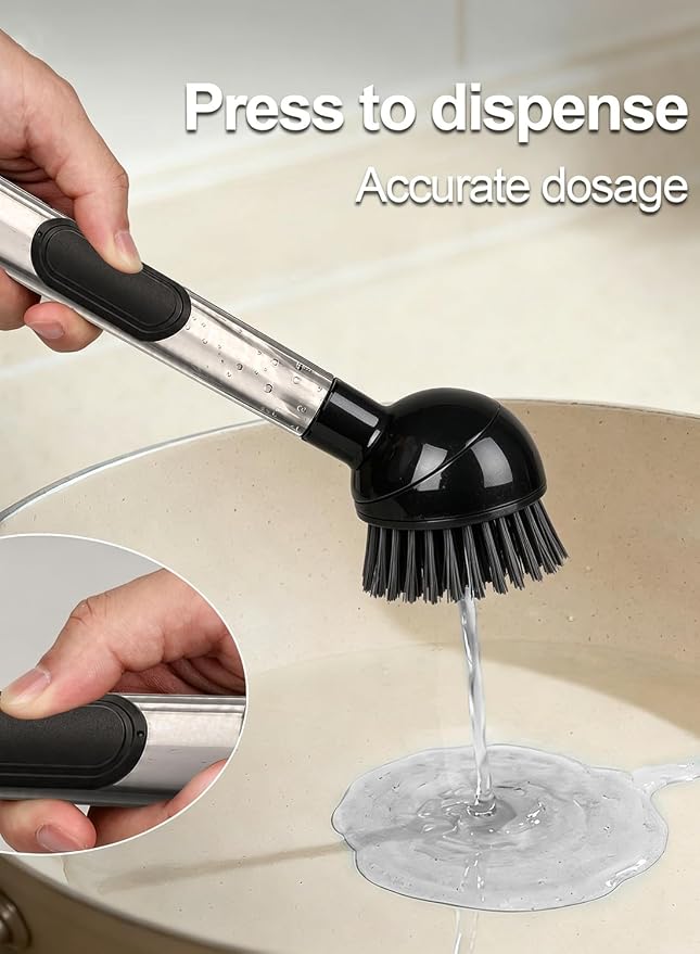 Soap Dispensing Dish Brush with Handle, 360° Rotating Head, 5-Piece Kitchen Cleaning Set (2 Brush Heads & 3 Sponges), Non-Scratch Scrubber for Pot, Pan, Sink, Leak-Proof Dishwand, Black