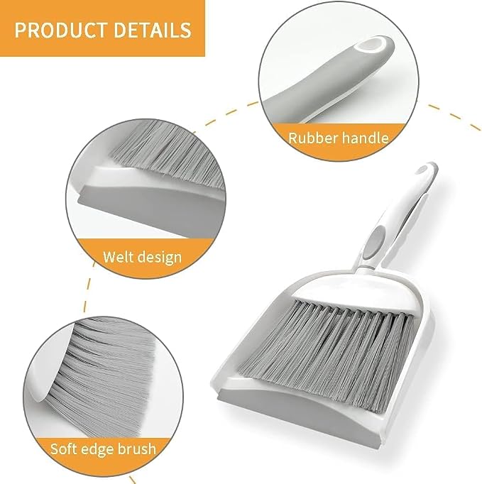 Dust pan, Small Broom and Dustpan Set, Mini Dustpan and Brush Set, Small Hand Broom with Dust Pan for Desk Table Cat Litter - Compact Hand Broom for Kitchen Counter Crumbs, RV Living Essentials (Gray)