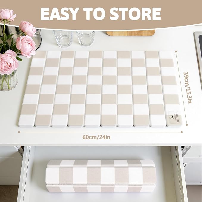 Yamaziot Large Stone Drying Mat for Kitchen Counter, 15.3"x24" Foldable Ultra Absorbent Stone Drying Mat, Quick-Dry Diatomaceous Earth Mat, Non-Slip Heat Resistant Mat for Dishes, Cups, Bottles, Beige