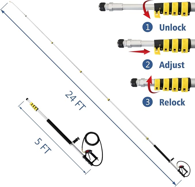 JANZ 24 FT Pressure Washer Telescoping Wand with 3 Extension Wands | Gutter Cleaner Attachment, 7 Spray Nozzle Tips, 2 Hose Inlet Adapters, Pivoting Coupler and Support Harness