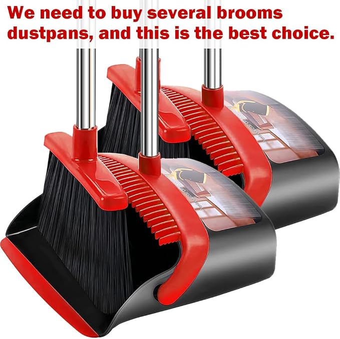 2-Pack is More economical,Brooms with Dustpan Combo Set， with 52" Long Handle, Dustpan Teeth with self-Cleaning Function, Indoor and Outdoor Sweeping, Perfect for Home Office (Large/Red /2-Pack)