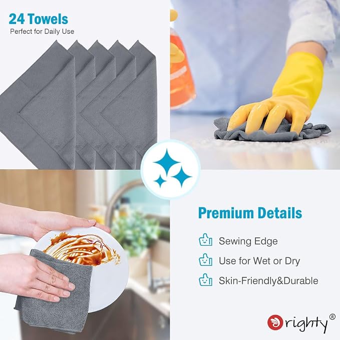 Orighty Microfiber Cleaning Cloth, Cleaning Rags, 24 Pack, 12x11 in, Grey | Microfiber Towels for Cars, Soft Highly Absorbent Rag, Lint Free Cloths for Car Care, House, Kitchen
