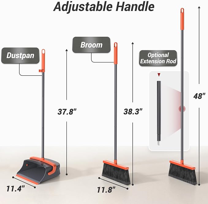Broom with Dustpan Combo Set, Long Handle Upright Standing Self-Cleaning Broom and Dustpan Set for Pet Hair & Dust Cleanup, Indoor Outdoor Use for Home, Kitchen, Office, Orange & Gray
