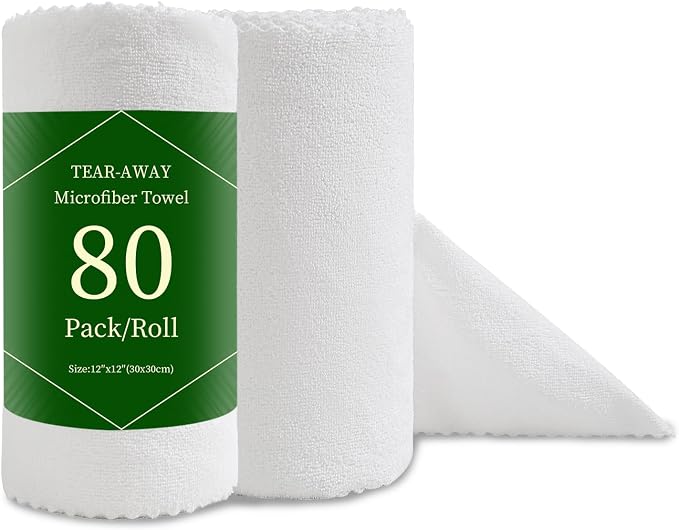 80 Pack Microfiber Cleaning Cloth Roll White Reusable Paper Towels 12"x12" Tear Away Cloth, Microfiber Towels for Cars, Wash Cloths, Lint Free Rags for House, Kitchen,Window,Cleaning Supplies
