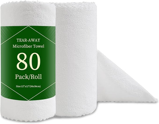 80 Pack Microfiber Cleaning Cloth Roll White Reusable Paper Towels 12"x12" Tear Away Cloth, Microfiber Towels for Cars, Wash Cloths, Lint Free Rags for House, Kitchen,Window,Cleaning Supplies