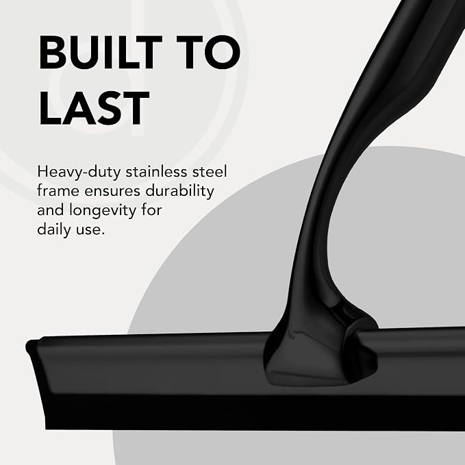Metal Squeegee – Stainless Steel Window & Shower Cleaner | Soft silicone blade removes water & soap on shower doors, car windshields & glass – includes hook, Black