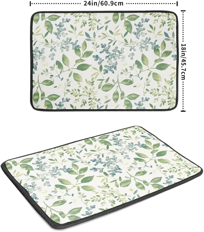 Green Leaves Branches Dish Drying Mat for Kitchen Counter 18x24 Inch Washable Microfiber Drying Mat Spring Floral Absorbent Drying Pad with Hanging Loop for Home Coffee Bar Decoration