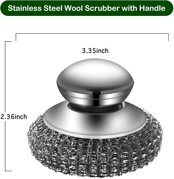 Stainless Steel Wool Scrubber with Handle, Heavy Duty Cleaner, Metal Pads | 2 Scrubbers + 3 Wire Sponge & Scouring Pads, Brush for Dishes Pots Pans Cast Iron, Sink Oven Grill
