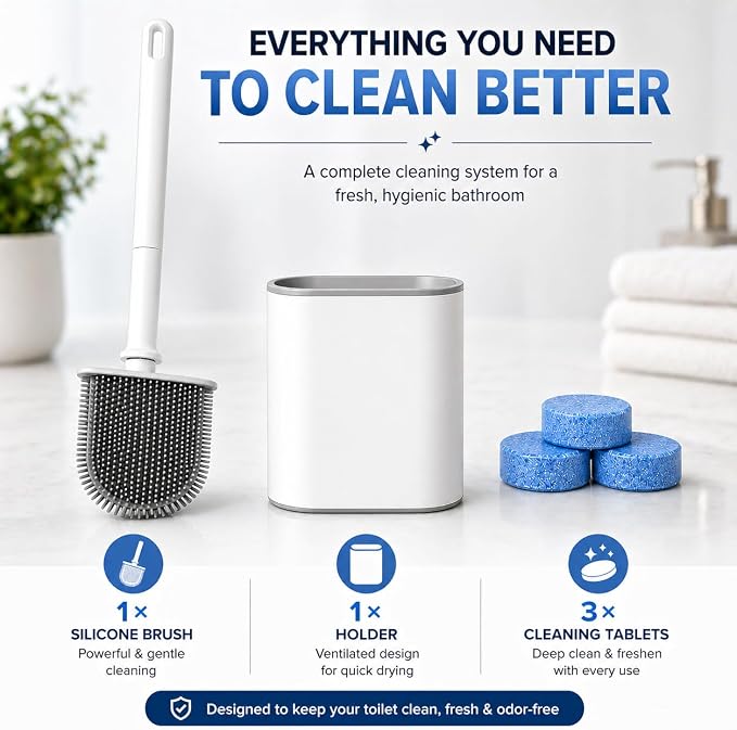 Silicone Toilet Brush and Holder Set with 3 Cleaning Tablets, Quick-Dry Base, Flexible Non-Scratch Bristles, Odor-Free Bathroom Toilet Bowl Cleaner Brush, Compact Space-Saving Design