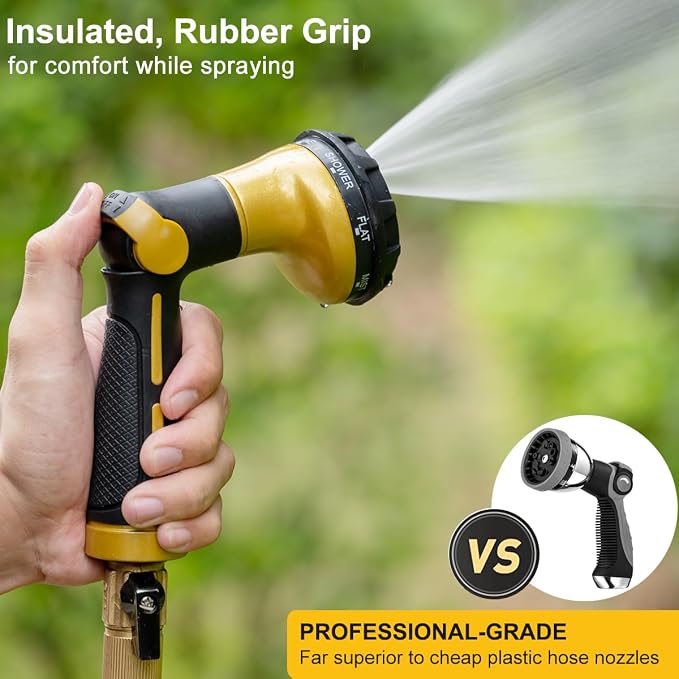 FANHAO Heavy Duty Garden Hose Nozzle, Metal Hose Sprayer Easy Thumb Control | 8 Spray Patterns, Rustproof Water Nozzle, Non-Slip Ergonomic Grip, Elder & Child Friendly for Garden, Car & Pet, Yellow