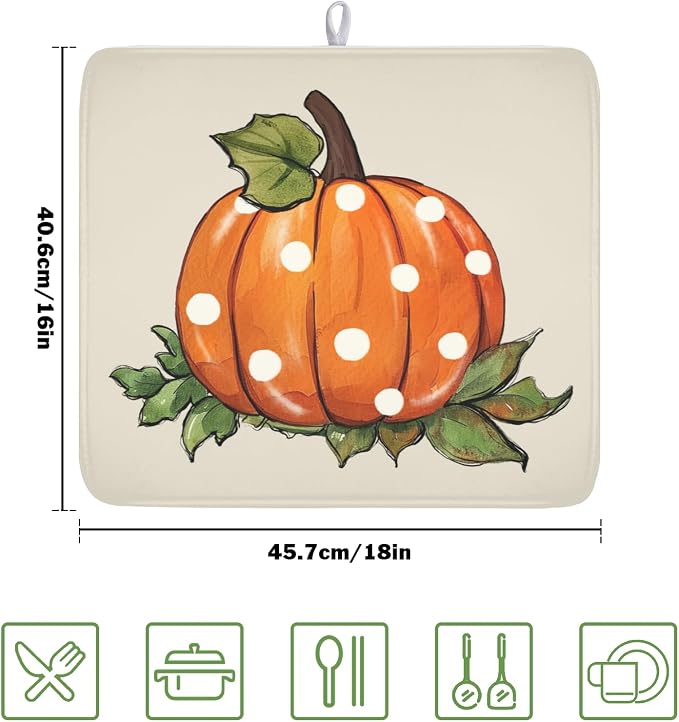 Fall Pumpkin Dish Drying Mat for Kitchen Counter 16 x 18 Inch Autumn Green Leaf Dish Drainer Mat Absorbent Microfiber Thanksgiving Harvest Dish Rack Pad for Coffee Dining Bar Decor