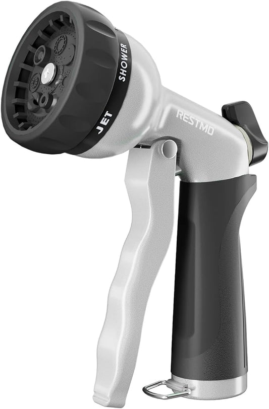 RESTMO Garden Hose Nozzle, Heavy Duty Metal Water Nozzle with 7 Adjustable Spray Patterns, High Pressure Hand Sprayer with Flow Control, for Watering Plants & Lawns, Washing Cars & Pets, Black