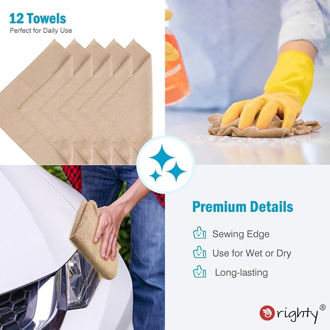 Orighty Microfiber Cleaning Cloth, Cleaning Rags, 12 Pack, 12x11 in, Brown | Microfiber Towels for Cars, Soft Highly Absorbent Rag, Lint Free Cloths for Car Care, House, Kitchen