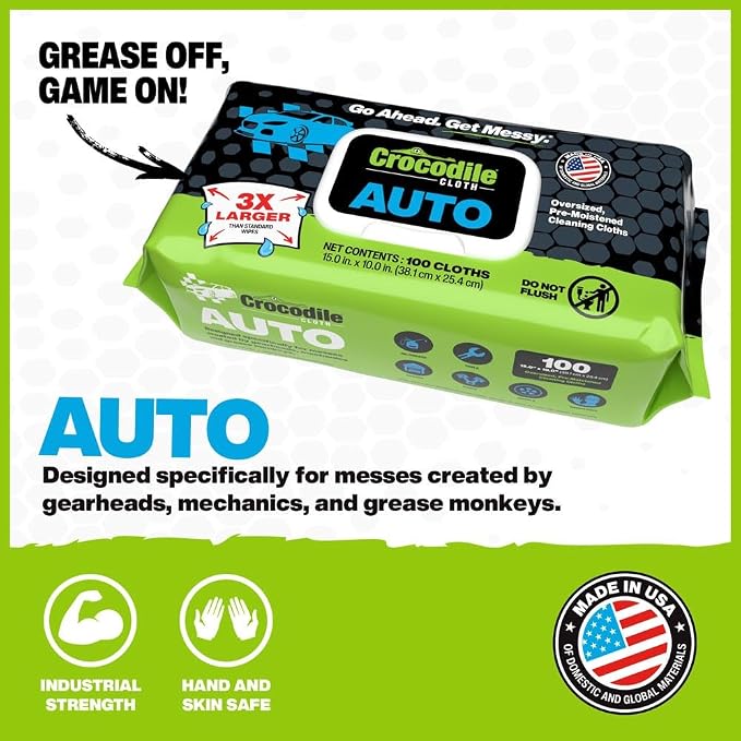 Crocodile Cloth Auto Degreasing Hand & Tool Wipes, 100 Count | Car Wipes for Engine Degreaser, Detailing, Tires, Tools & DIY Projects