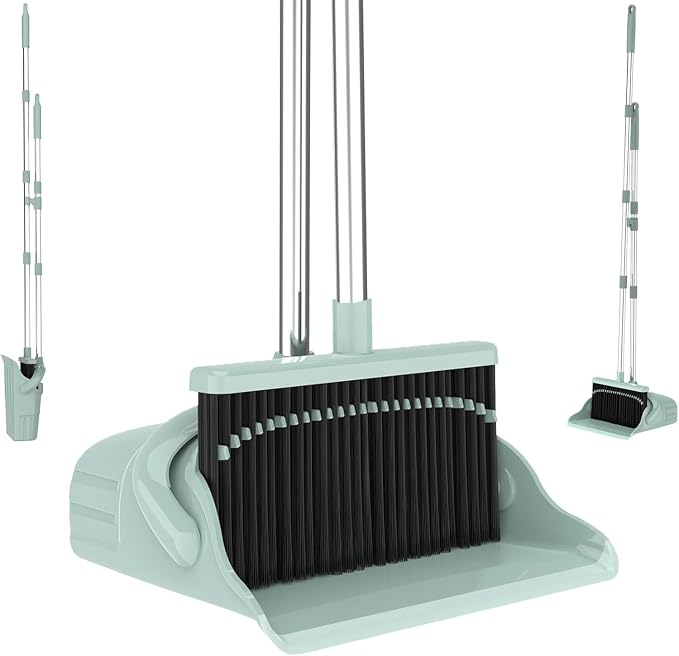 Broom and Dustpan Set, 52-Inch Long Handle, Comb Teeth, Green | Comb teeth help sweep pet hair, dust and crumbs on hard floors