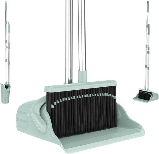 Broom and Dustpan Set, 52-Inch Long Handle, Comb Teeth, Green | Comb teeth help sweep pet hair, dust and crumbs on hard floors